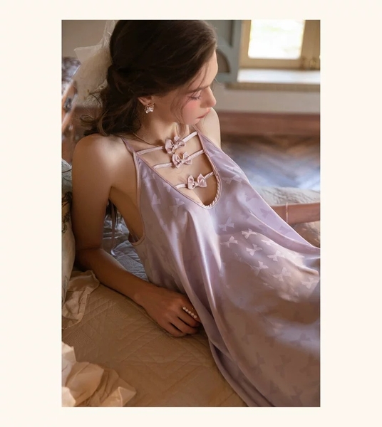 Váy ngủ satin cao cấp nữ Seli Dress S2561 mặc được 2 kiểu babydoll nữ tính thoải mái đính nơ cột dây Bralettehousevn