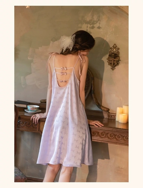 Váy ngủ satin cao cấp nữ Seli Dress S2561 mặc được 2 kiểu babydoll nữ tính thoải mái đính nơ cột dây Bralettehousevn