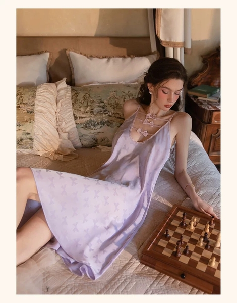 Váy ngủ satin cao cấp nữ Seli Dress S2561 mặc được 2 kiểu babydoll nữ tính thoải mái đính nơ cột dây Bralettehousevn