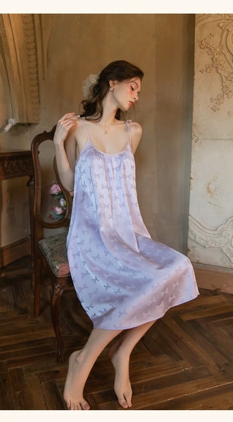 Váy ngủ satin cao cấp nữ Seli Dress S2561 mặc được 2 kiểu babydoll nữ tính thoải mái đính nơ cột dây Bralettehousevn