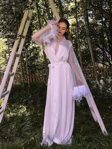 [HOT] Choàng satin cao cấp Mythos S2220 đính lông vũ cô dâu dáng dài sang trọng gợi cảm cao cấp Bralettehousevn