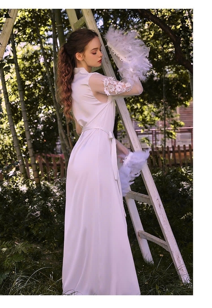 [HOT] Choàng satin cao cấp Mythos S2220 đính lông vũ cô dâu dáng dài sang trọng gợi cảm cao cấp Bralettehousevn