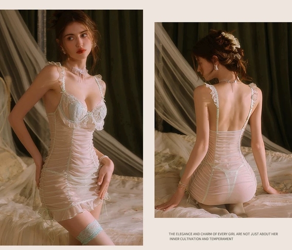 [Kèm quần] Đầm váy ngủ nữ cao cấp Mint Dress S2517 xuyên thấu phối ren có sẵn mút đệm cánh tiên form ôm tôn dáng Bralettehousevn
