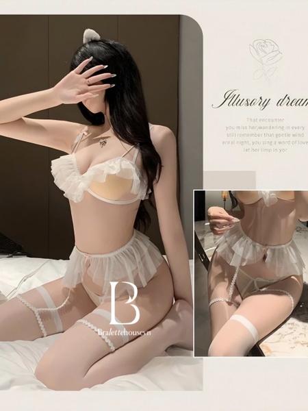 [KÈm cài] Set đồ lót nữ 3 món Nekoko Set S2227 gợi cảm voan cut out kèm đai Bralettehousevn