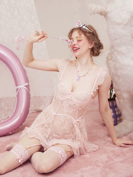 Kèm quần và dây đai] Đầm váy ngủ nữ ren cao cấp Nerves Dress S2519 xuyên thấu dây rũ cánh tiên nữ tính cut out form xoè Bralettehousevn