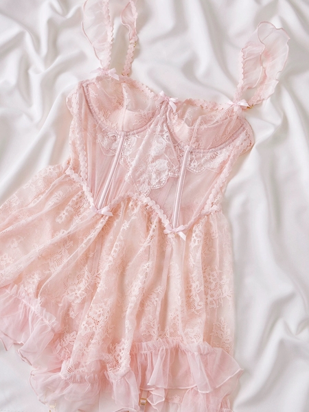 Kèm quần và dây đai] Đầm váy ngủ nữ ren cao cấp Nerves Dress S2519 xuyên thấu dây rũ cánh tiên nữ tính cut out form xoè Bralettehousevn