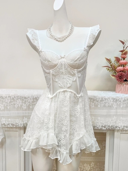 Kèm quần và dây đai] Đầm váy ngủ nữ ren cao cấp Nerves Dress S2519 xuyên thấu dây rũ cánh tiên nữ tính cut out form xoè Bralettehousevn