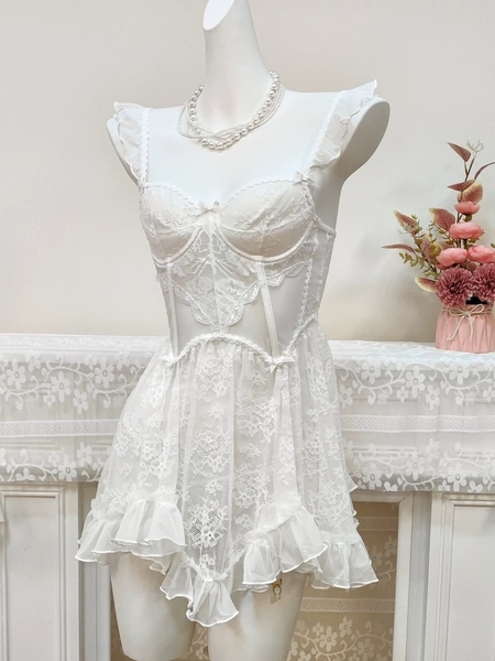 Kèm quần và dây đai] Đầm váy ngủ nữ ren cao cấp Nerves Dress S2519 xuyên thấu dây rũ cánh tiên nữ tính cut out form xoè Bralettehousevn