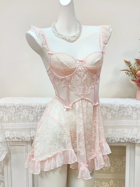 Kèm quần và dây đai] Đầm váy ngủ nữ ren cao cấp Nerves Dress S2519 xuyên thấu dây rũ cánh tiên nữ tính cut out form xoè Bralettehousevn