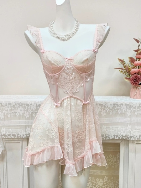 Kèm quần và dây đai] Đầm váy ngủ nữ ren cao cấp Nerves Dress S2519 xuyên thấu dây rũ cánh tiên nữ tính cut out form xoè Bralettehousevn