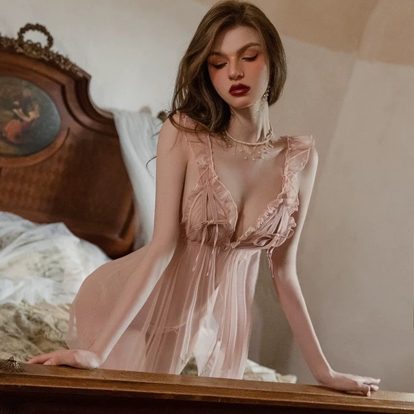 (CHE TÊN - HOẢ TỐC]  Váy đầm ngủ voan kèm quần S1682 Rubiwuu Dress cài trước xẻ tà Bralettehousevn