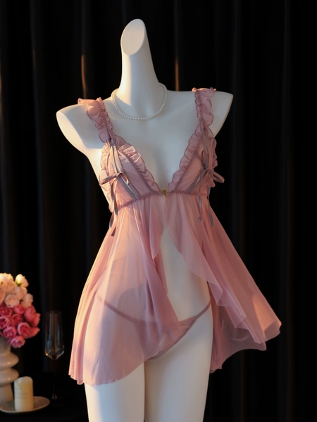 (CHE TÊN - HOẢ TỐC]  Váy đầm ngủ voan kèm quần S1682 Rubiwuu Dress cài trước xẻ tà Bralettehousevn