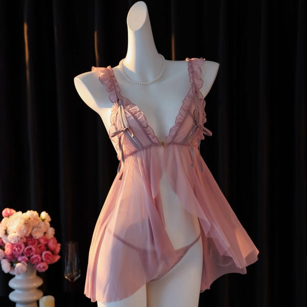 (CHE TÊN - HOẢ TỐC]  Váy đầm ngủ voan kèm quần S1682 Rubiwuu Dress cài trước xẻ tà Bralettehousevn