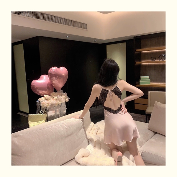 Đầm ngủ satin phối ren Pezy Dress S2367 cột dây tiểu thư ngọt ngào gợi cảm Bralettehousevn