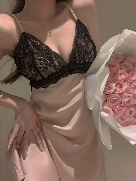 Đầm ngủ satin phối ren Pezy Dress S2367 cột dây tiểu thư ngọt ngào gợi cảm Bralettehousevn