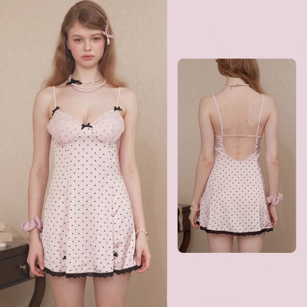 Đầm váy ngủ satin cao cấp Aishi Dress S2617 chấm bi retro nữ tính form xoè nhẹ gợi cảm trẻ trung Bralettehousevn