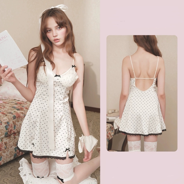 Đầm váy ngủ satin cao cấp Aishi Dress S2617 chấm bi retro nữ tính form xoè nhẹ gợi cảm trẻ trung Bralettehousevn