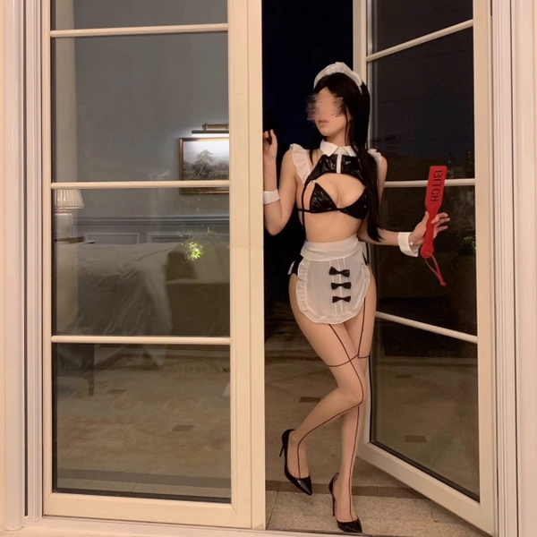 (Tặng phụ kiện) Bộ đồ cosplay hầu gái Weirdy Maid S2379 da PU kèm tạp dề kèm phối hạt gợi cảm quyến rũ Bralettehousevn
