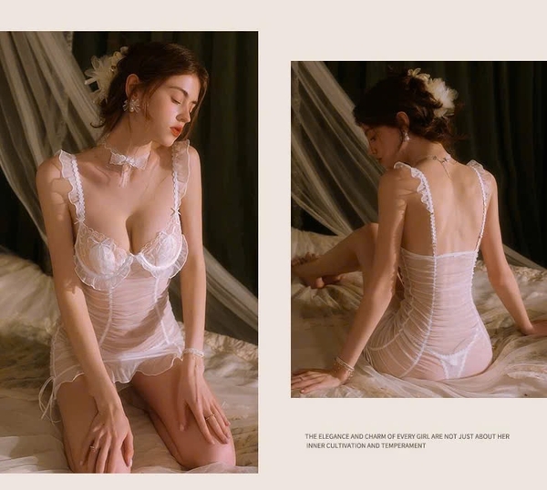 [Kèm quần] Đầm váy ngủ nữ cao cấp Mint Dress S2517 xuyên thấu phối ren có sẵn mút đệm cánh tiên form ôm tôn dáng Bralettehousevn