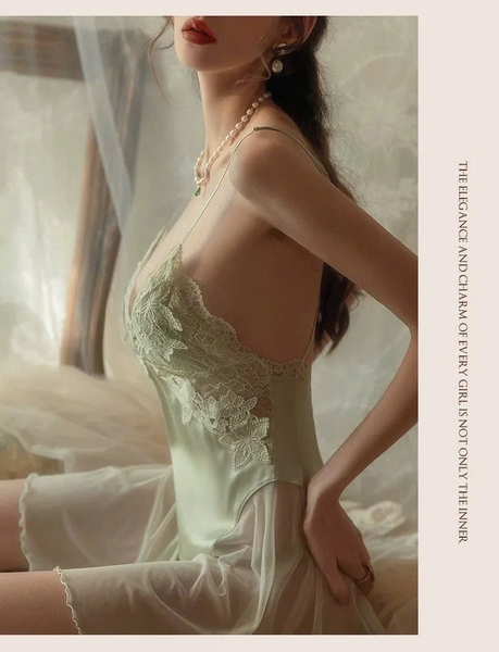 Đầm ngủ nữ satin cao cấp DESAJAR DRESS S2111 có mút đệm phối ren loại 1 quyến rũ gợi cảm Bralettehousevn