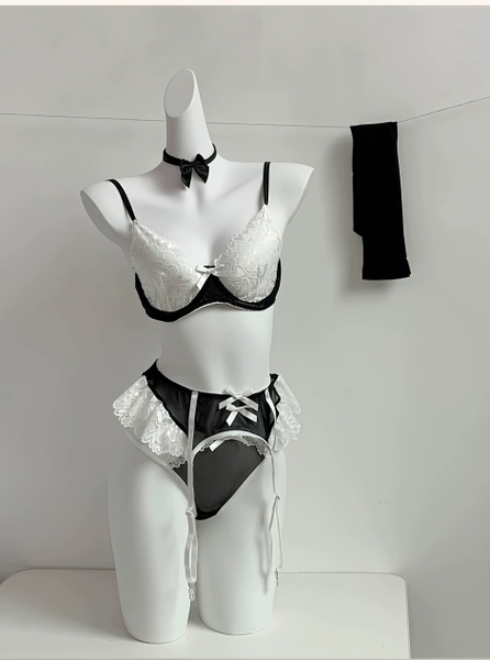 [TẶNG ĐAI + TẤT] Set đồ lót phối ren Ruffle Maid S2386 3 món phong cách hầu gái gợi cảm đính nơ cao cấp loại 1 Bralettehousevn