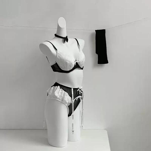 [TẶNG ĐAI + TẤT] Set đồ lót phối ren Ruffle Maid S2386 3 món phong cách hầu gái gợi cảm đính nơ cao cấp loại 1 Bralettehousevn