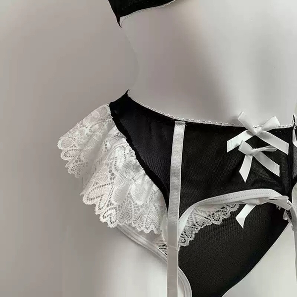 [TẶNG ĐAI + TẤT] Set đồ lót phối ren Ruffle Maid S2386 3 món phong cách hầu gái gợi cảm đính nơ cao cấp loại 1 Bralettehousevn