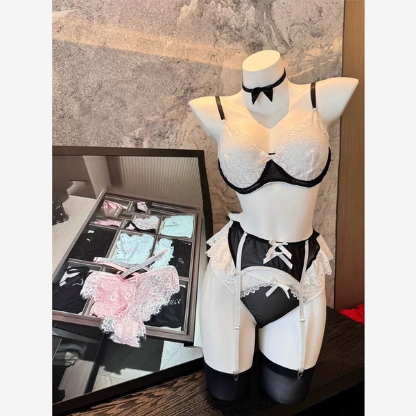 [TẶNG ĐAI + TẤT] Set đồ lót phối ren Ruffle Maid S2386 3 món phong cách hầu gái gợi cảm đính nơ cao cấp loại 1 Bralettehousevn