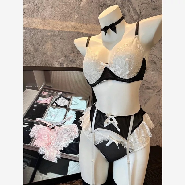 [TẶNG ĐAI + TẤT] Set đồ lót phối ren Ruffle Maid S2386 3 món phong cách hầu gái gợi cảm đính nơ cao cấp loại 1 Bralettehousevn