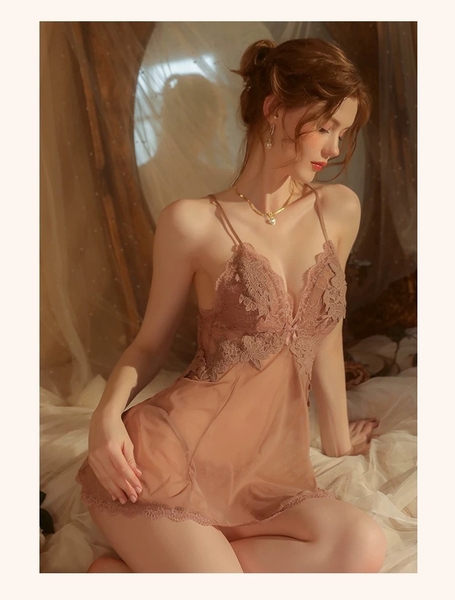 [KÈM QUẦN] Đầm ngủ Tahi Dress S2381 lưới xuyên thấu phối ren nổi cao cấp gợi cảm Bralettehousevn