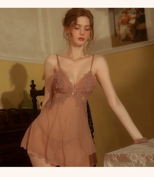 [KÈM QUẦN] Đầm ngủ Tahi Dress S2381 lưới xuyên thấu phối ren nổi cao cấp gợi cảm Bralettehousevn