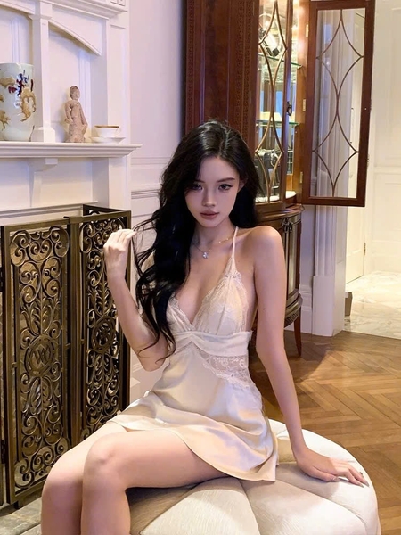 Đầm váy ngủ nữ satin Y back Lacy Dress phối ren cao cấp dây lưng siêu đẹp Bralettehousevn