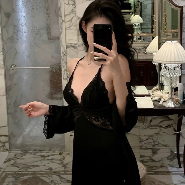 Đầm váy ngủ nữ satin Y back Lacy Dress phối ren cao cấp dây lưng siêu đẹp Bralettehousevn