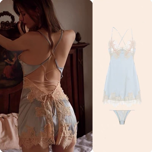 Đầm ngủ satin nữ Jammy Dress S2593 phối ren da cao cấp gợi cảm sang trọng nữ tính Bralettehousevn