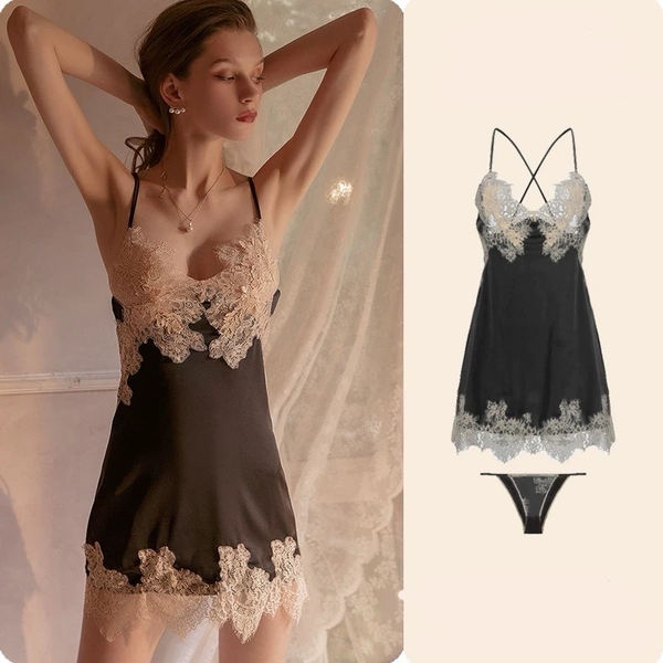 Đầm ngủ satin nữ Jammy Dress S2593 phối ren da cao cấp gợi cảm sang trọng nữ tính Bralettehousevn