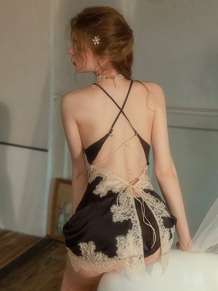 Đầm ngủ satin nữ Jammy Dress S2593 phối ren da cao cấp gợi cảm sang trọng nữ tính Bralettehousevn