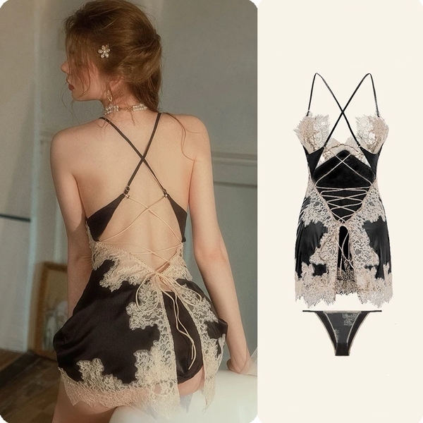 Đầm ngủ satin nữ Jammy Dress S2593 phối ren da cao cấp gợi cảm sang trọng nữ tính Bralettehousevn