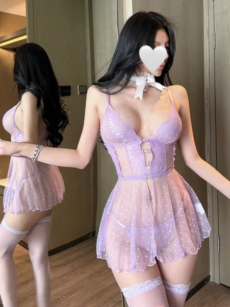 [KÈM QUẦN] Đầm váy ngủ nữ Bibi Dress S2523 xuyên thấu khoen đá cao cấp nữ tính gợi cảm Bralettehousevn