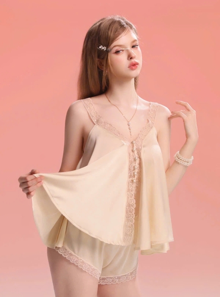 Bộ đồ nữ 2 dây satin phối ren Golden Set kèm quần short nữ tính gợi cảm cao cấp tiểu thư Bralettehousevn