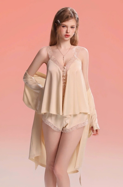 Bộ đồ nữ 2 dây satin phối ren Golden Set kèm quần short nữ tính gợi cảm cao cấp tiểu thư Bralettehousevn