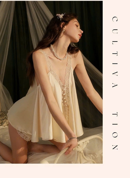 Bộ đồ nữ 2 dây satin phối ren Golden Set kèm quần short nữ tính gợi cảm cao cấp tiểu thư Bralettehousevn