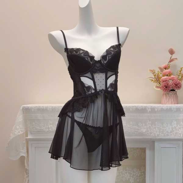 Đầm váy ngủ cao cấp Challa Dress voan xuyên thấu cao cấp có gọng mút mỏng phối ren quyến rũ tiểu thư Bralettehousevn