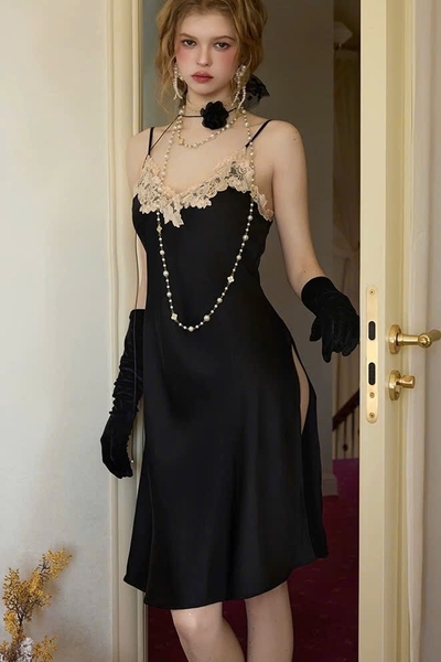 Đầm váy ngủ satin phối hoa cao cấp Graceful Dress dáng lửng thanh lịch nữ tính sang trọng Balettehousevn