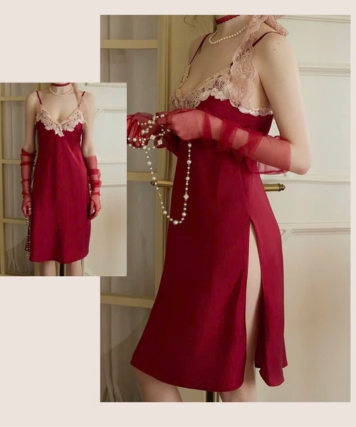 Đầm váy ngủ satin phối hoa cao cấp Graceful Dress dáng lửng thanh lịch nữ tính sang trọng Balettehousevn