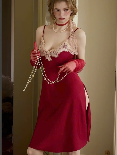 Đầm váy ngủ satin phối hoa cao cấp Graceful Dress dáng lửng thanh lịch nữ tính sang trọng Balettehousevn