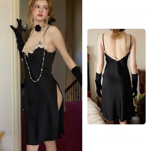 Đầm váy ngủ satin phối hoa cao cấp Graceful Dress dáng lửng thanh lịch nữ tính sang trọng Balettehousevn