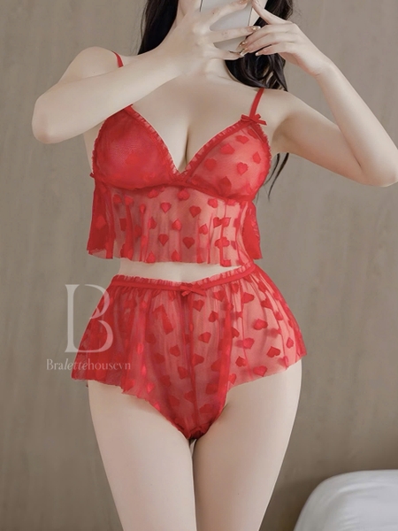 Set bộ đồ ngủ xuyên thấu Valentine Set S2235 trái tim cao cấp kèm quần short Bralettehousevn