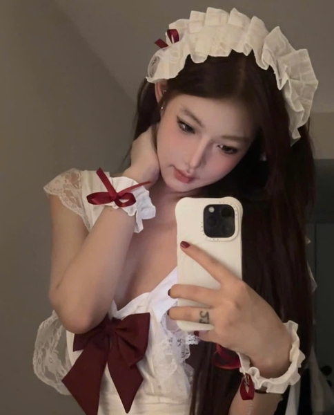 [KÈM PHỤ KIỆN] Apron Maid Set S2399 đồ hầu gái đính nơ đỏ đáng yêu gợi cảm quyến rũ Bralettehousevn