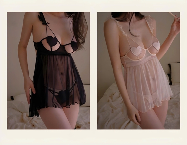 Đầm váy ngủ nữ cut out trái tim Hermi Dress S1874 cao cấp xuyên thấu phối satin Bralettehousevn