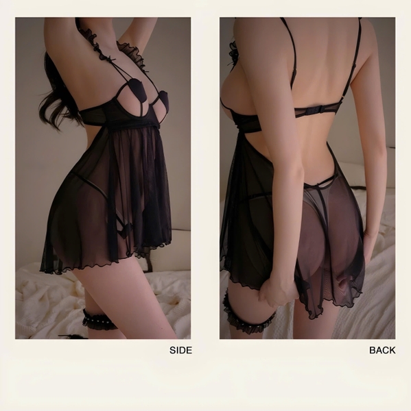 Đầm váy ngủ nữ cut out trái tim Hermi Dress S1874 cao cấp xuyên thấu phối satin Bralettehousevn